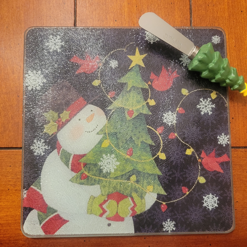 Ceramic and Glass Cutting Board with Serving Knife - Christmas Snowman Theme